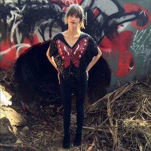 Vintage 100% Silk Sequin Cropped Butterfly Top